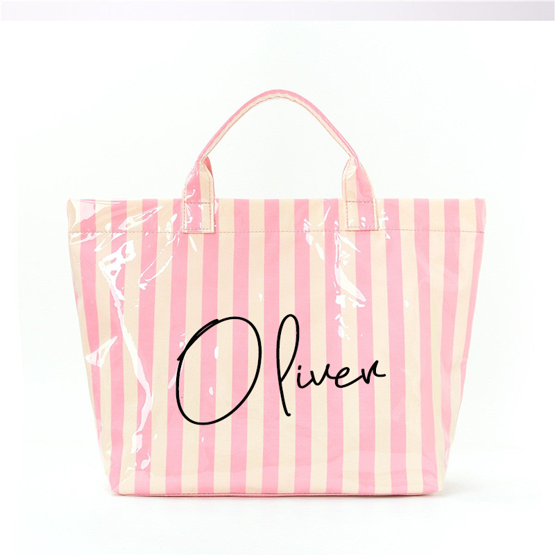 Personalized Girls Beach Traveling Waterproof Striped Tote Bag Custom PVC Pool Bag Bridesmaid Gift Future Bride Tote Reusable Shopper Bag