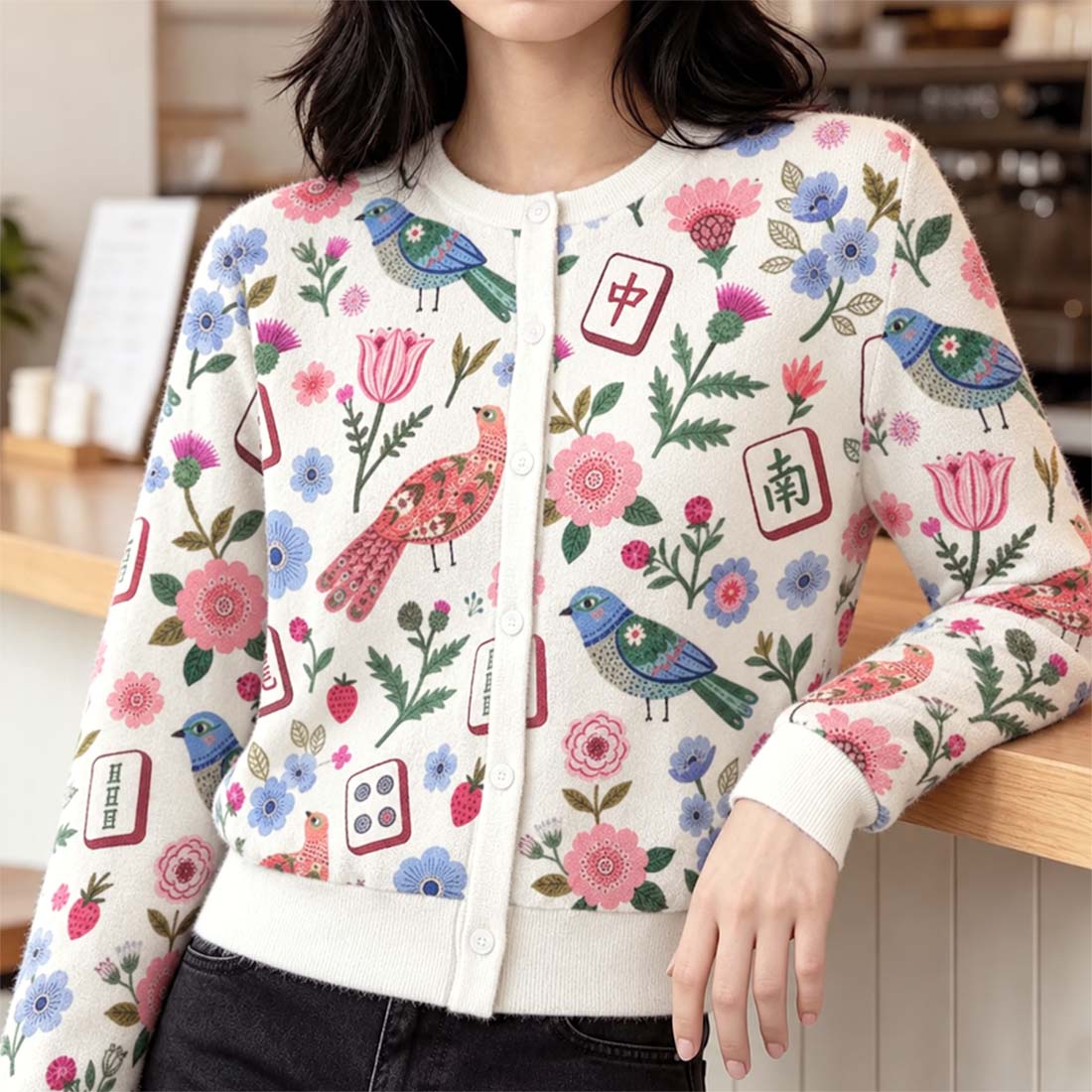Mahjong Floral Birds Retro Women Crew Neck Cardigan Sweaters Chinoiserie Pattern Asian Art Short
