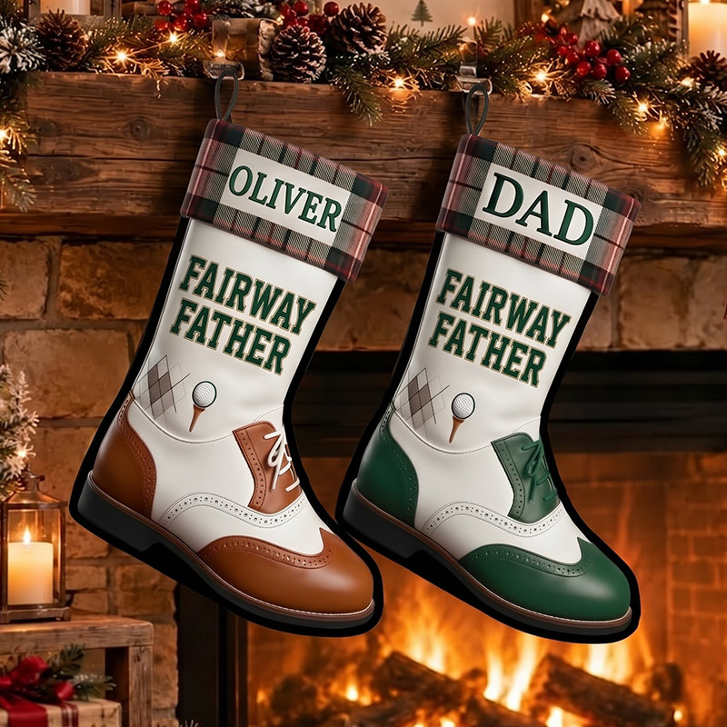 Personalized Fairway Father Christmas Stockings Custom 2D Print Golf Lovers Name Stocking Holiday Decoration Christmas Stocking for Dad