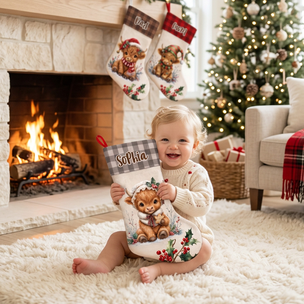 Personalized Cute Christmas Highland Cow Holly Plaid Christmas Stocking with Name Home Decor Christmas Holiday Gift for Kids Friends Family