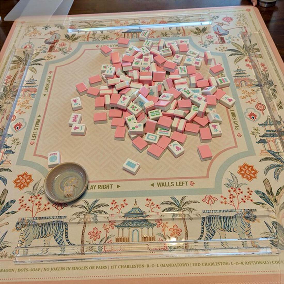 Chinoiserie Mahjong Mat Pastel Asian Game Board Tiger Pagoda