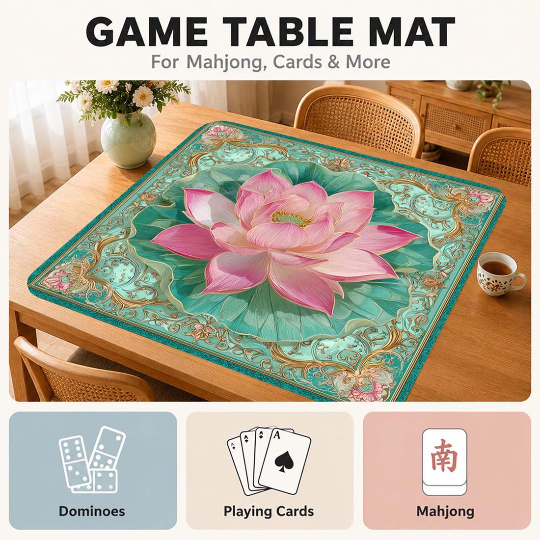 Mahjong Mat Pink Lotus Flower Mahjong Table Mat Elegant Floral Mah Jongg Mat Non Slip Game Mat