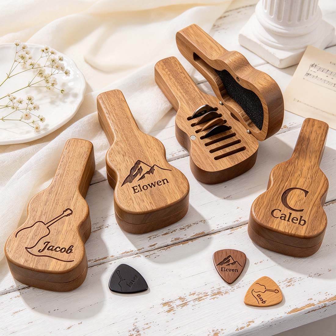 Personalized Engraved Monogram Letter Pattern Wooden Guitar Pick Holder Case with Name Music Accessories