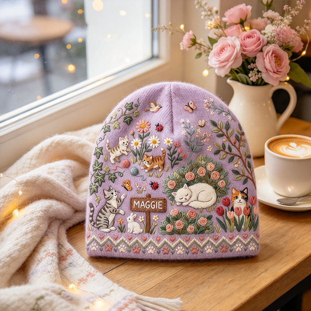 Personalized Garden Cat Beanie | Custom Name Floral Kitten Winter Knit Hat