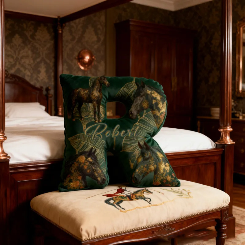 Personalized Riding Equestrian Leaves Letter Pillow Horse Custom Name Festive Golden Decor with French Countryside Gifts for Family Graphic 3D Print for Riding Lovers Equestrian Lovers