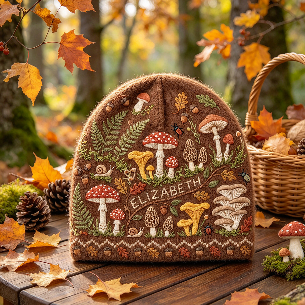 Personalized Forest Mushroom Printed Beanie | Custom Name Woodland Winter Knit Hat