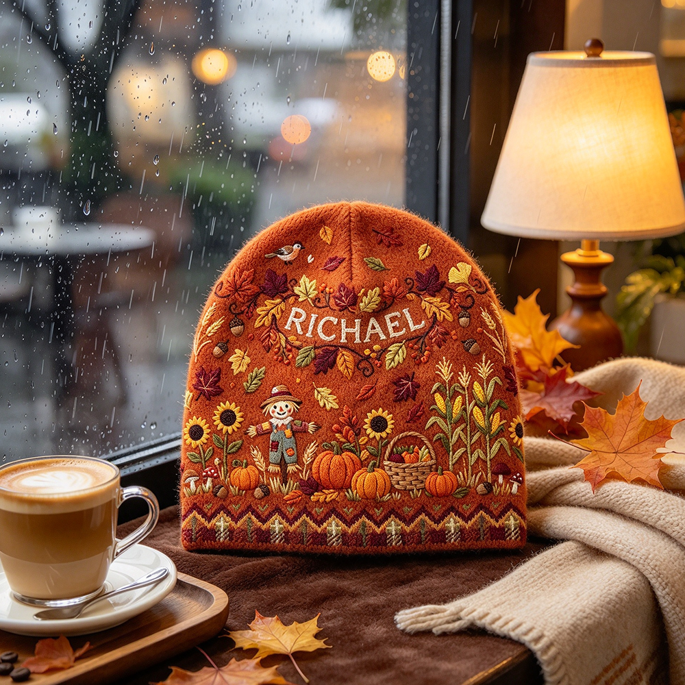 Personalized Fall Harvest Beanie | Custom Name Pumpkin Scarecrow Autumn Knit Hat