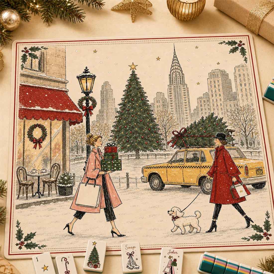 Vintage Christmas Mahjong Mat American Mahjong Table Mat New York City Holiday Illustration