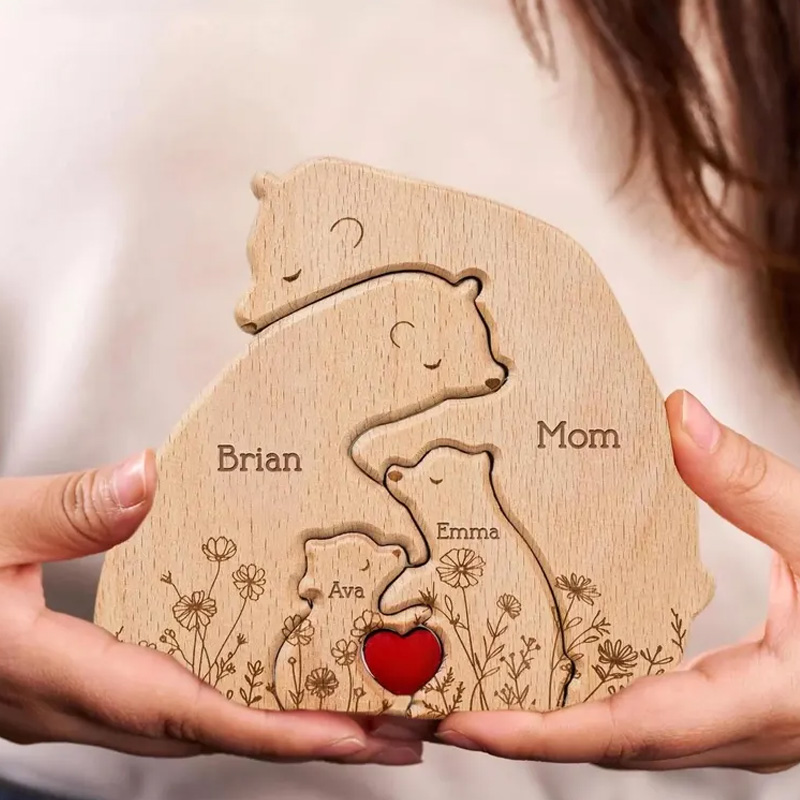 Personalized Wooden Bear Family Puzzle Hugging Bear Family Floral Version Engraved Oak Wood Keepsake with Name Gift for Family