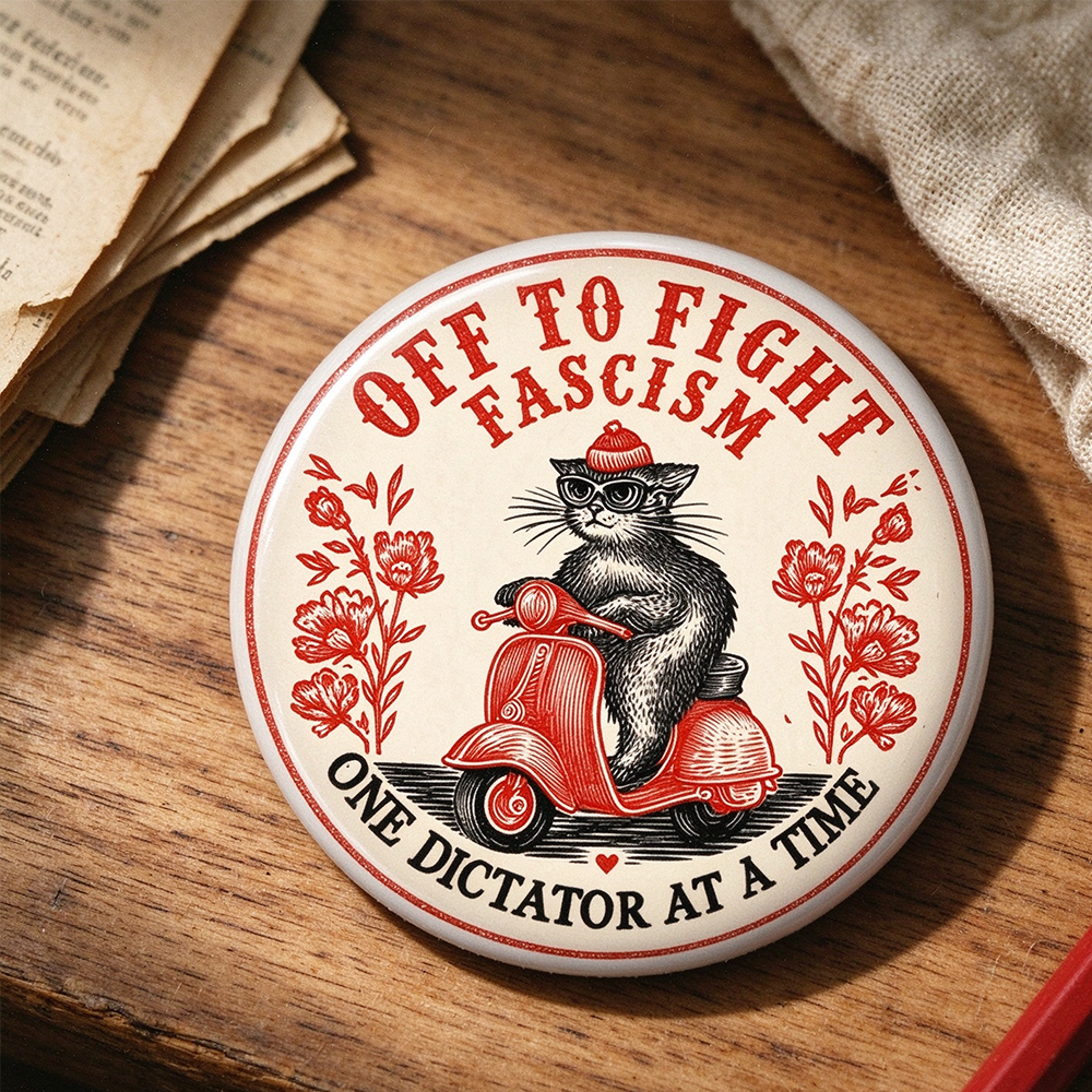 Anti-Fascism Cat Pinback Button: Off to Fight Fascism Political Activism Flair