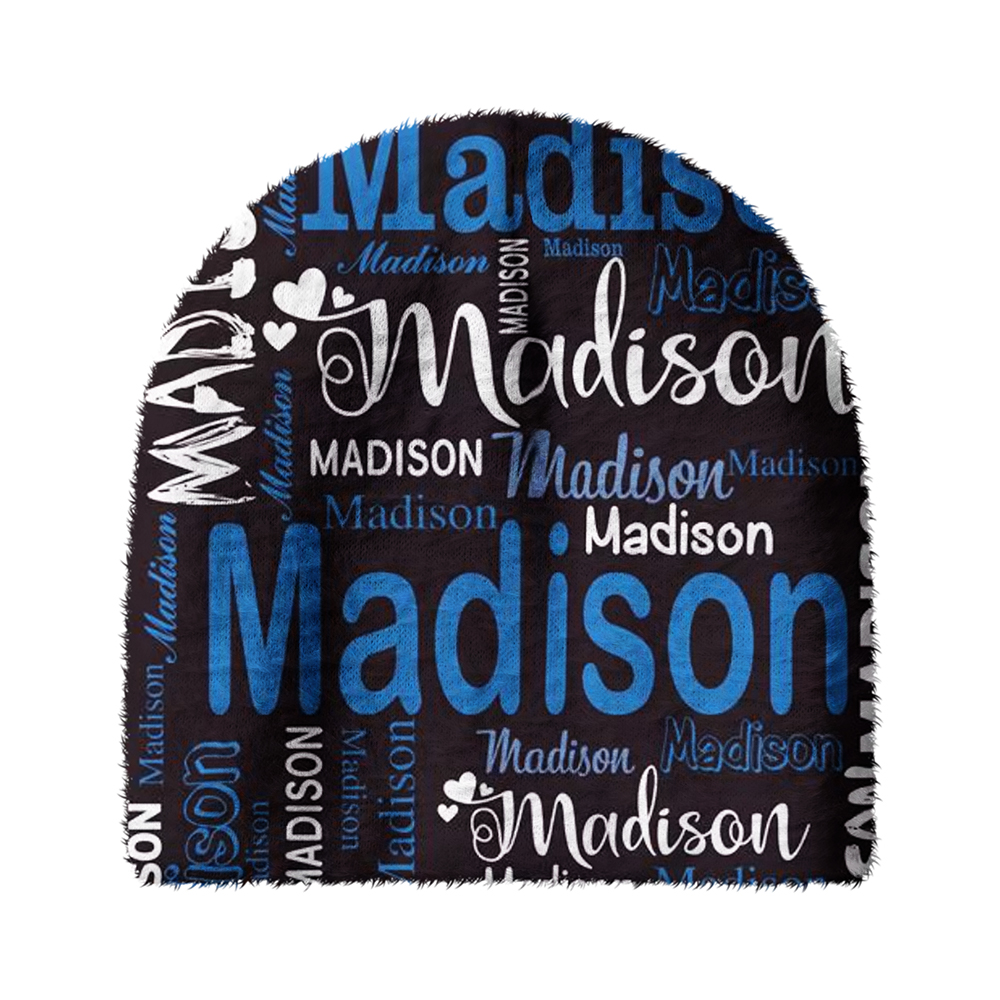 Personalized Name Knit Beanie Custom Word Cloud Soft Plush Warm Winter Hat