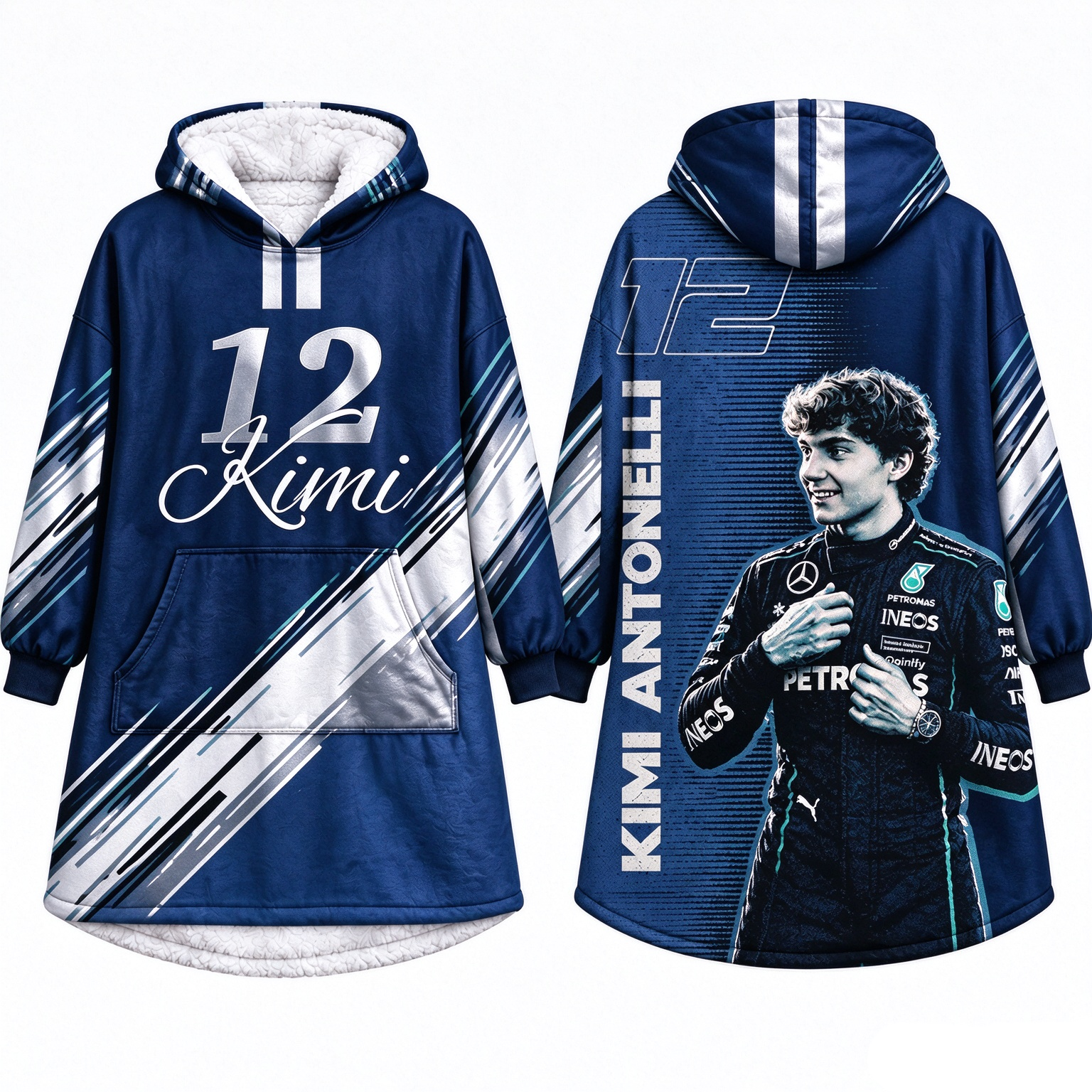 Grand Prix AMG Team Hooded Robe, Soft Plush Lined Long Loungewear, All‑Over Racing Print, Unisex Loose Fit, #63 #12 Fan Gift