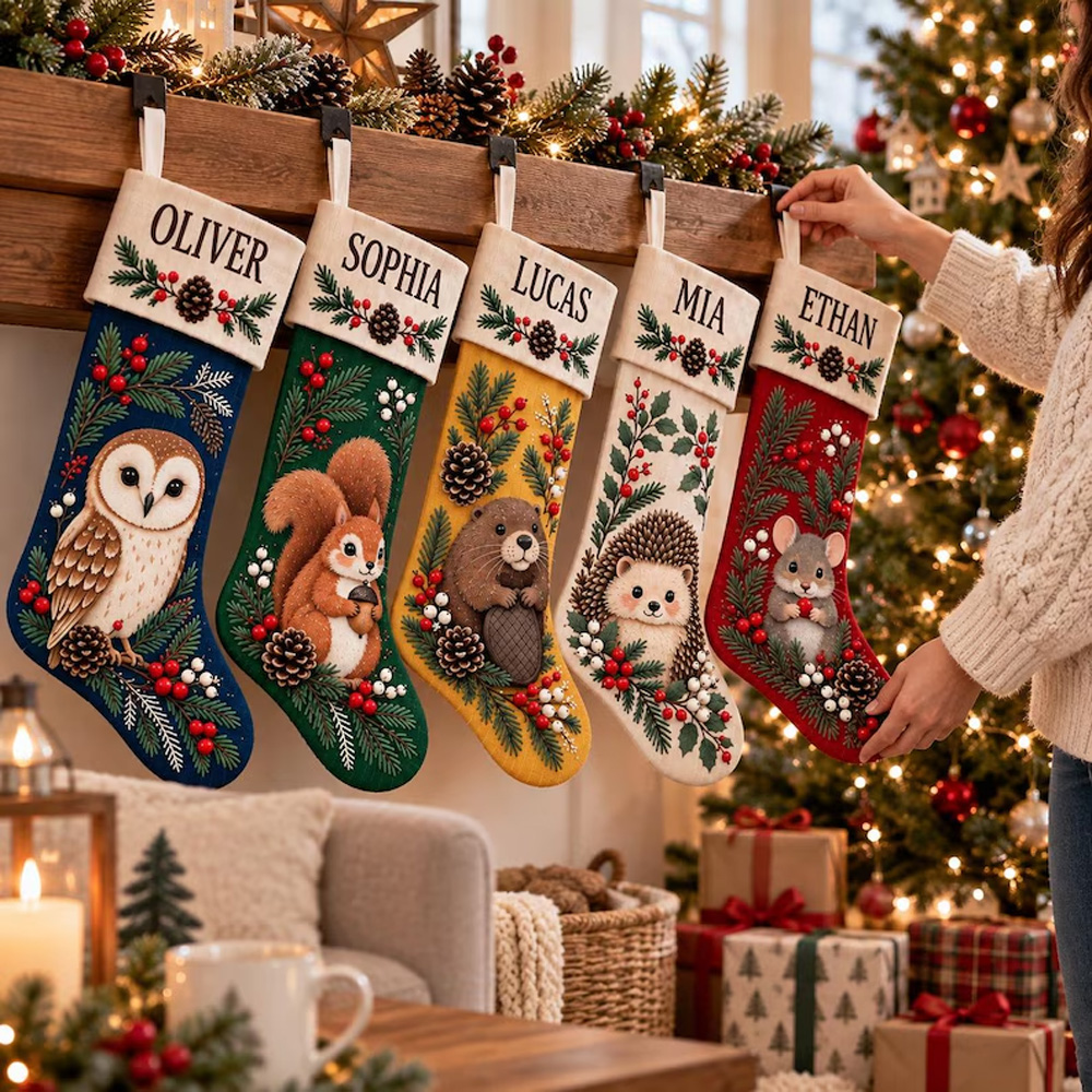 Personalized Christmas Stockings With Custom Name Woodland Animal Face Holiday Hanging Gift for Kids