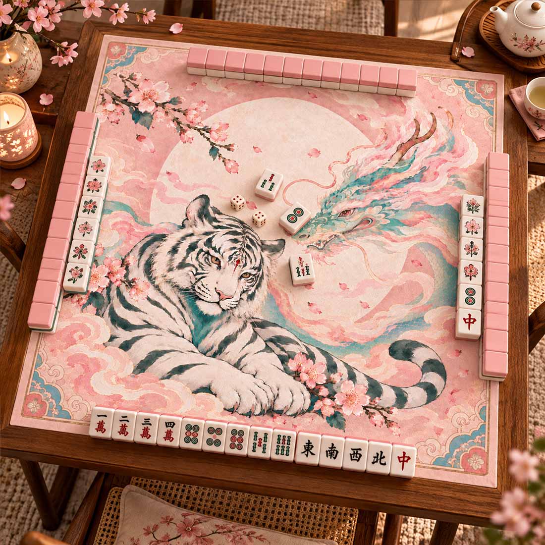 Dragon & White Tiger Cherry Blossom Mahjong Mat