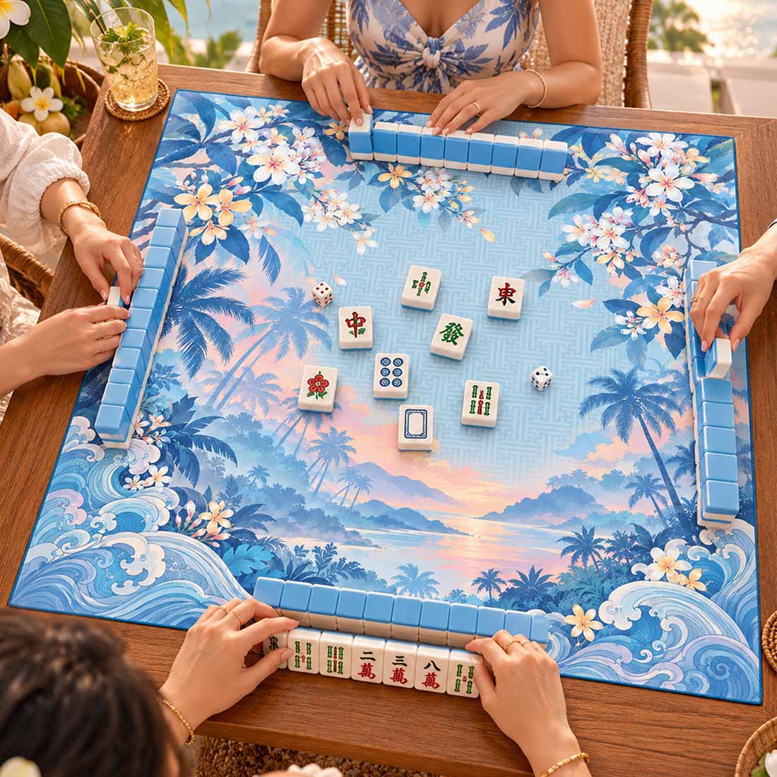 Tropical Plumeria & Ocean Wave Mahjong Mat