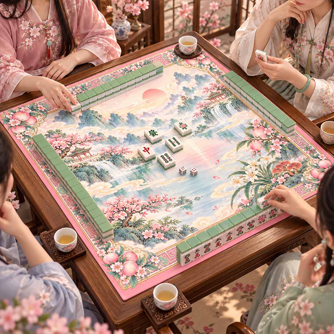 Pink Chinese Peach Blossom Mountain Landscape Mahjong Mat