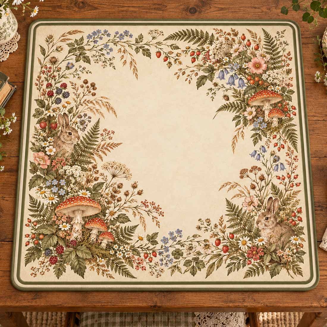 Vintage Forest Rabbit & Mushroom Wildflower Mahjong Mat