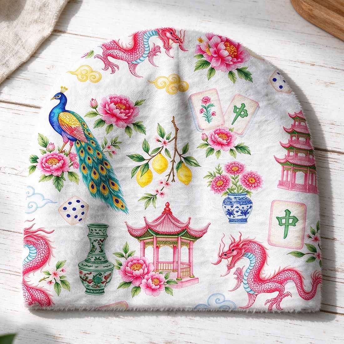 Retro Mahjong Women Cozy Fuzzy Beanie Chinoiserie Pattern Asian Art