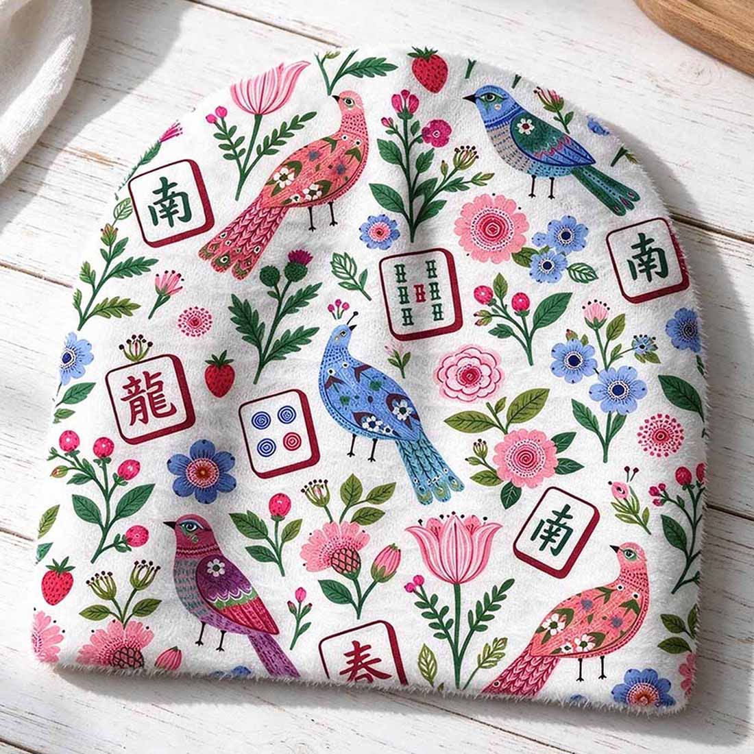 Mahjong Mahjong Floral Birds Women Cozy Fuzzy Beanie Chinoiserie Pattern Asian Art