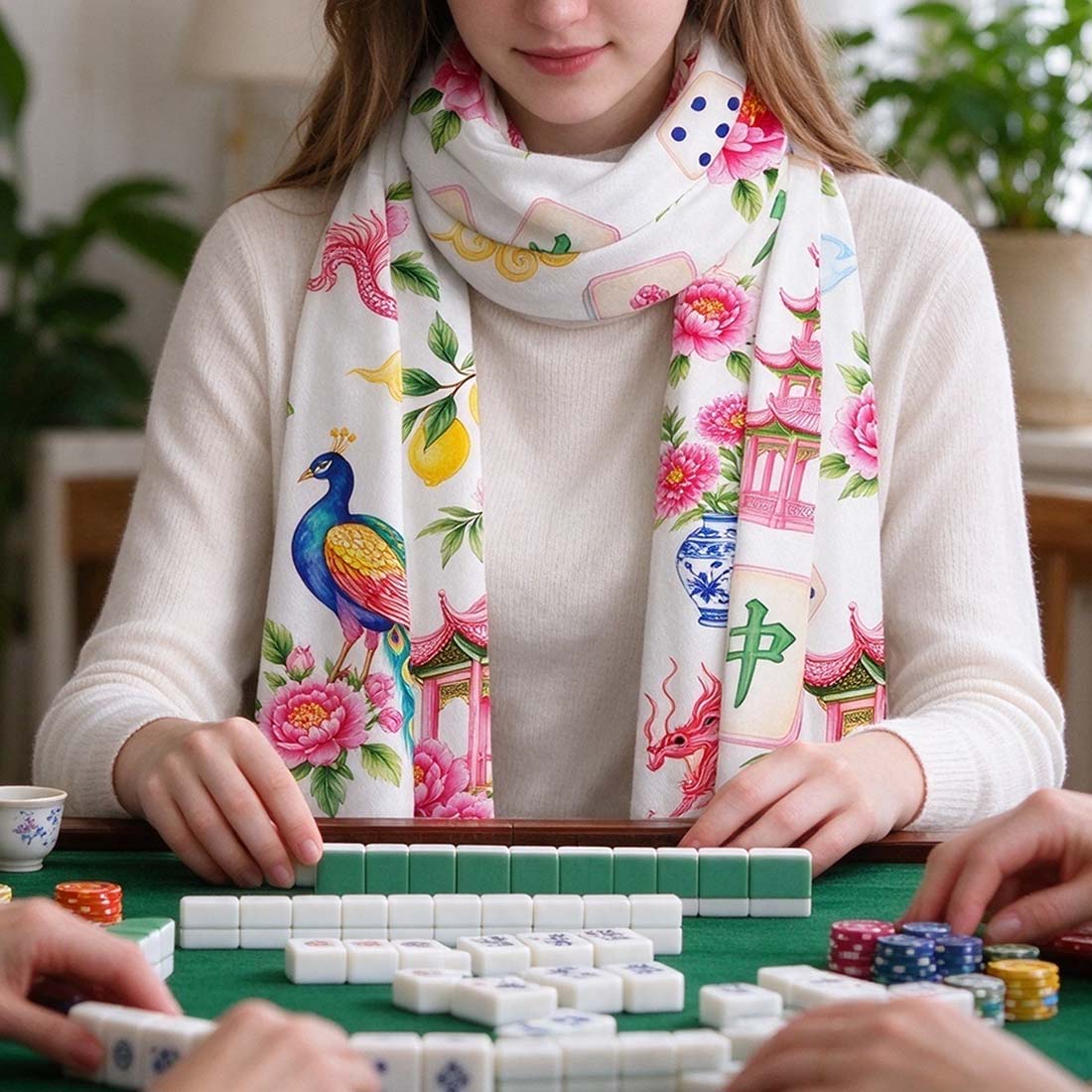 Retro Mahjong Women Print Cozy Fringed Scarf Chinoiserie Pattern Asian Art