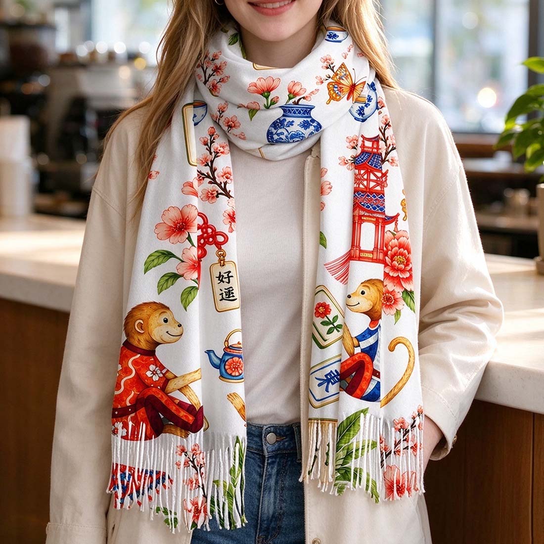 Preppy Chinoiserie Mahjong Women Print Cozy Fringed Scarf Chinoiserie Pattern Asian Art