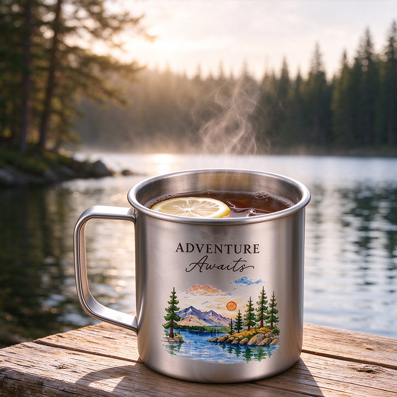 Personalized Adventure Awaits Lake Landscape Titanium Mug Set, Custom Couple Names Date Location Camping Mugs  