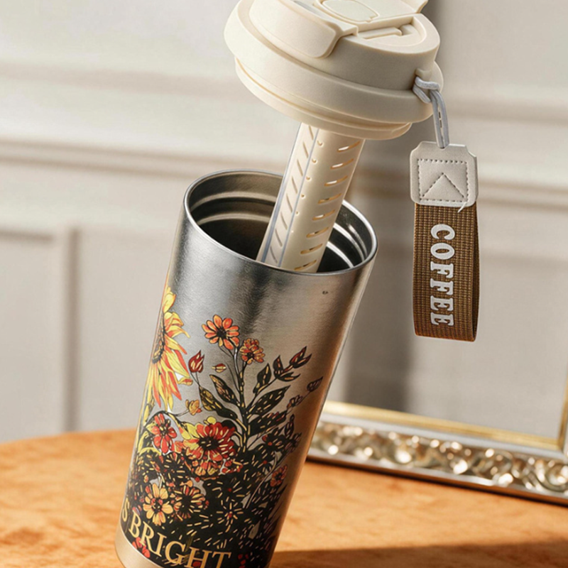 Personalized Floral Art Pure Titanium Travel Coffee Tumbler, Vintage Flower Insulated Cup With Carry Strap, Sunflower Lily of the Valley Iris Mountain Flower Mug
