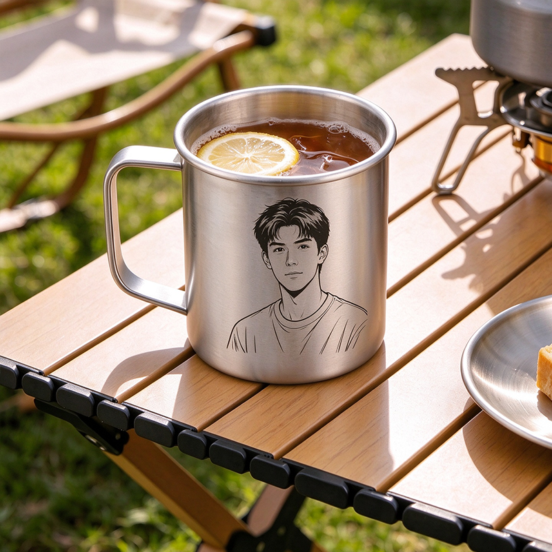 Personalized Photo Sketch Portrait Titanium Camping Mug, Custom Line Art Couple Portrait Coffee Cup, Anniversary Gift Mug