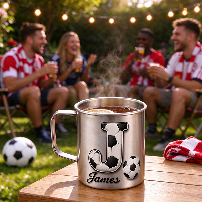 Personalized Soccer Initial Titanium Camping Mug, Custom Name Football Sports Coffee Cup, Gift for Soccer Fan