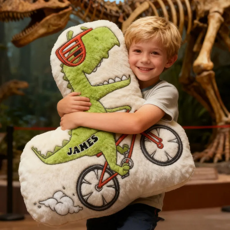 Personalized Dino Rider Bike Pillow Cozy Graphic 3D Print Cool Biker Dino Pillow Name Pillow Comfortable Travel Cushion for Kids Boys Riding Lovers