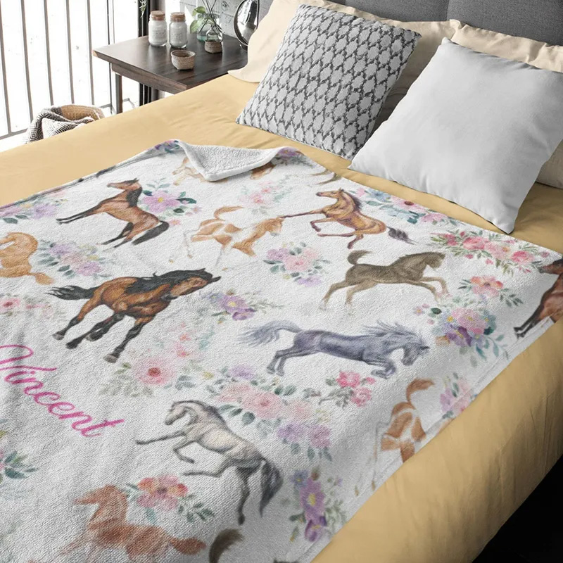 Personalized Riding Floral Blanket Floral Horse Custom Name Festive Horse Floral Soft Throw Blanket Family Blanket for Riding Lovers Equestrian Lovers