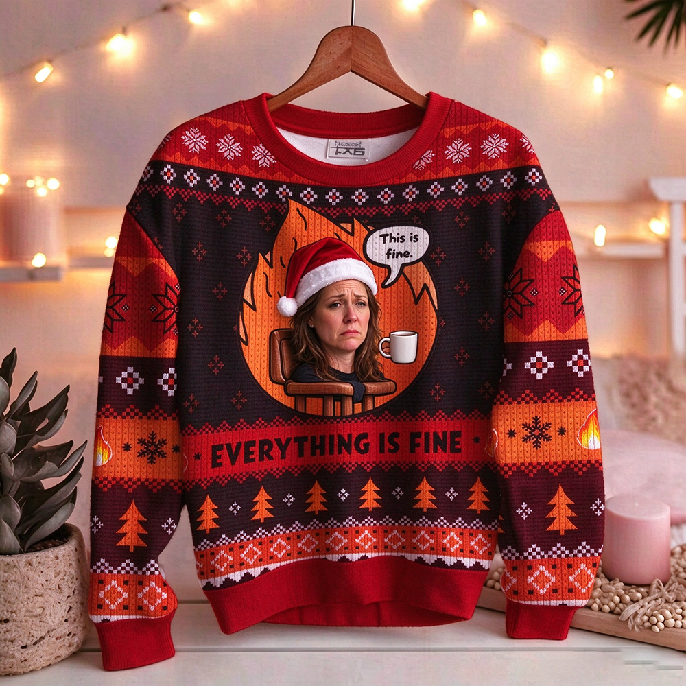 Personalized Photo Funny This Is Fine Ugly Christmas Sweater – Dog Meme Holiday Pullover, Everything Is Fine Xmas Gift