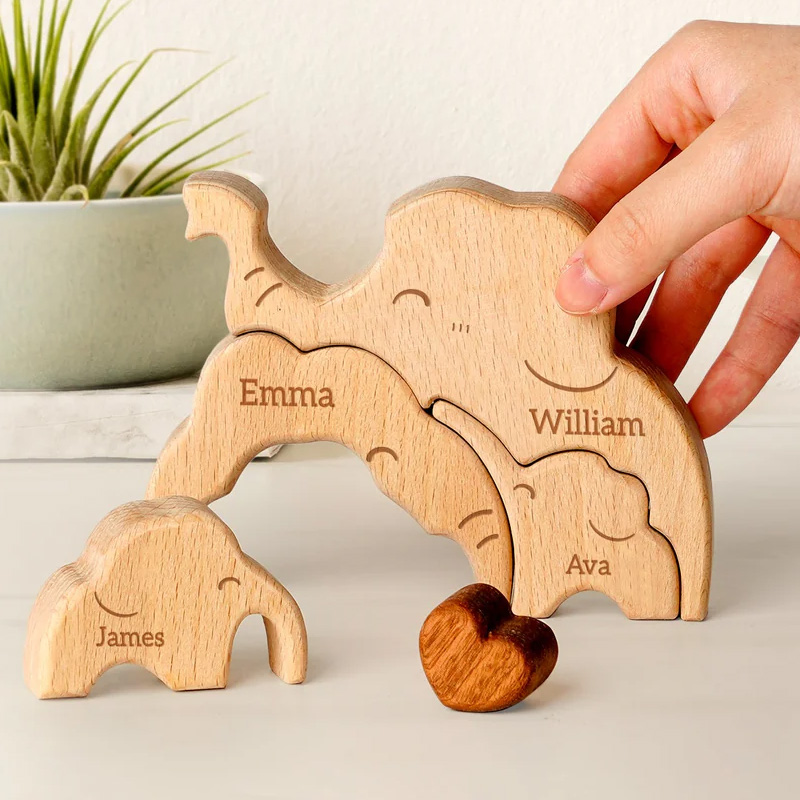 Personalized little Elephant Family Wooden Puzzle Adorable Shaped Wooden Ornament