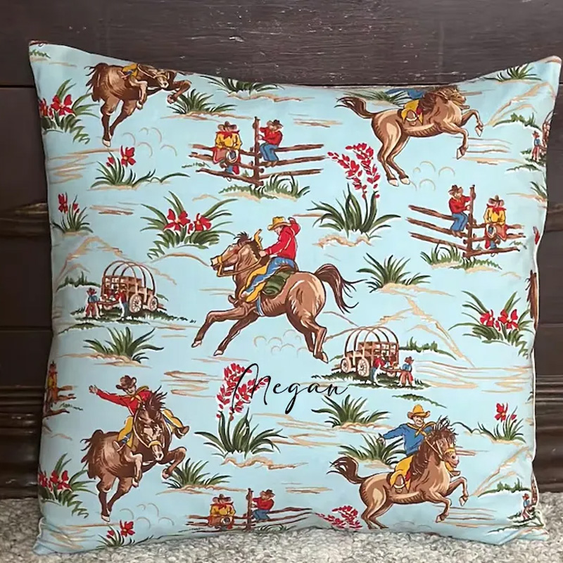 Personalized Equestrian Throw Pillow Wild West Cowboy Pillow Cover Bucking Broncs Cactus Wagon for Riding Lovers Equestrian Lovers