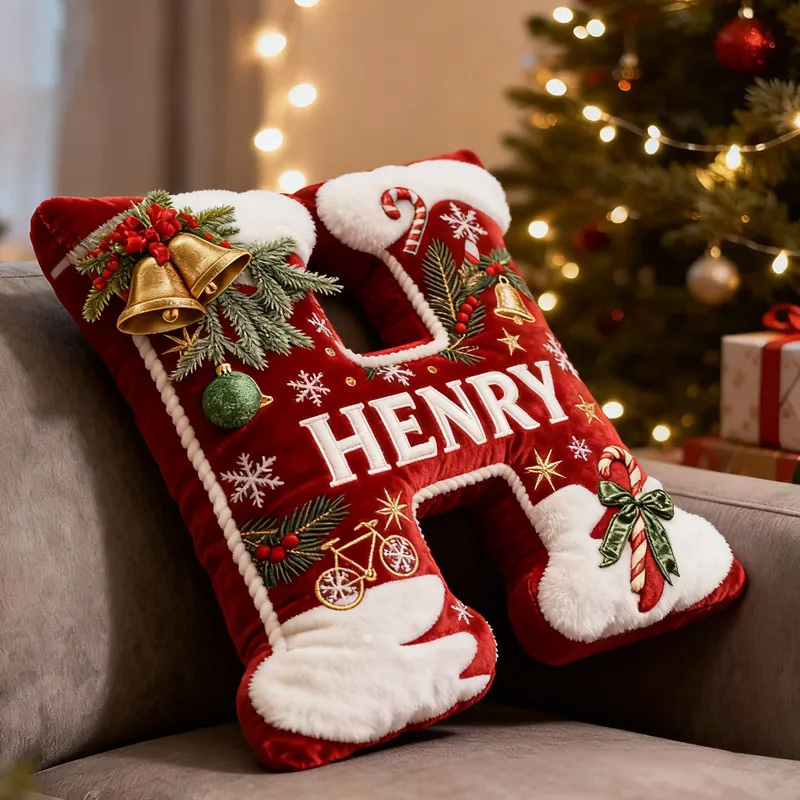 Personalized Red Christmas Letter Pillow Custom Name Festive Decor with Bicycle Snowflake Christmas Gifts for Family Graphic 3D Print Cycling Riding Lovers
