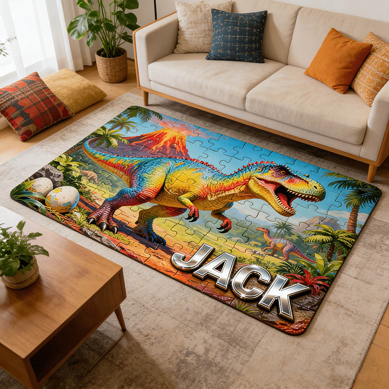 Personalized Cartoon Dinosaur Puzzle Rug Custom Name Gift for Kids Movie Lovers for Birthday Christmas Holiday Party Gift