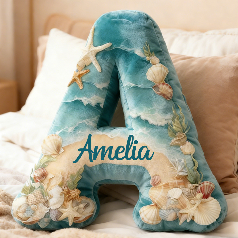 Personalized Seaglass Style Initial Pillow Custom Graphic 3D Print Ocean Style Letter Pillow 3D Graphic Print Home Decor Throw Pillow for Girl Friend Beach Keepsake Pillow