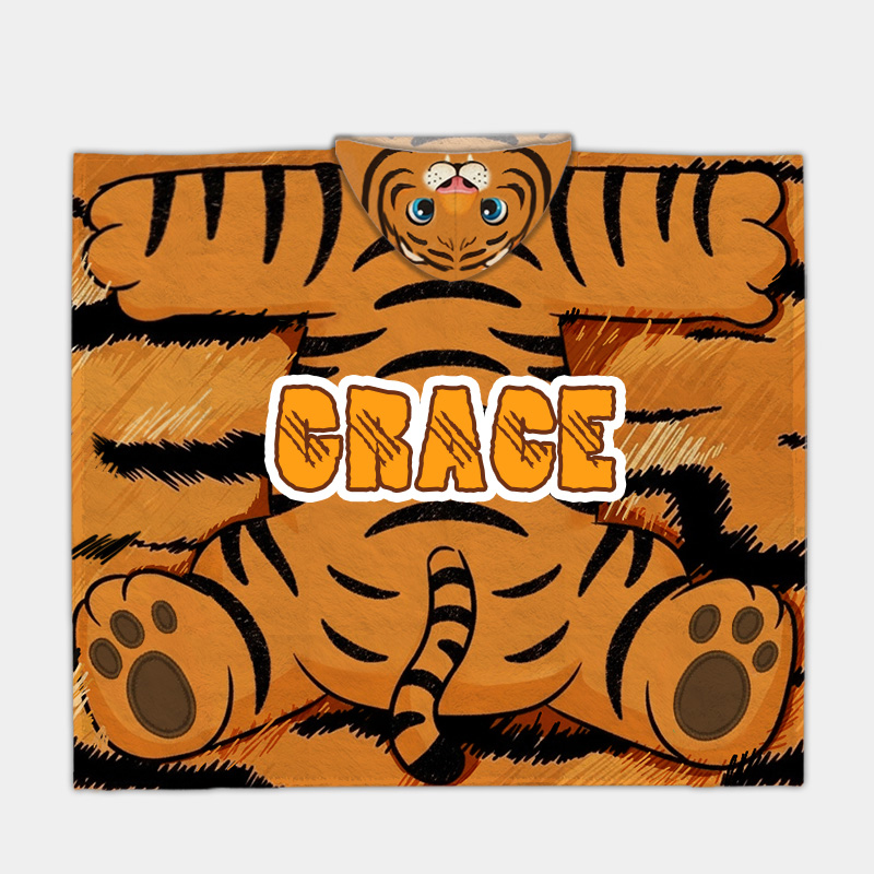 Personalized Adorable Tiger Lion Hooded Blanket Custom Name Imaginative Practical Fun Gift for Kids Indoor Outdoor