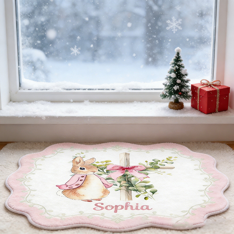 Personalize Floral Bow Cross Rabbit Rug with Custom Name Home Decor Religious Rug Faith Based Gift Easter Gift Christian Gift for Kids