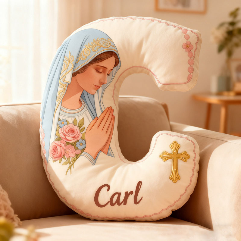 Personalized Virgin Mary Letter Pillow with Custom Name Religious Home Decor Catholic Gift for Her Gift for Prayer Faith Cross Graphic 3D Print Pillow