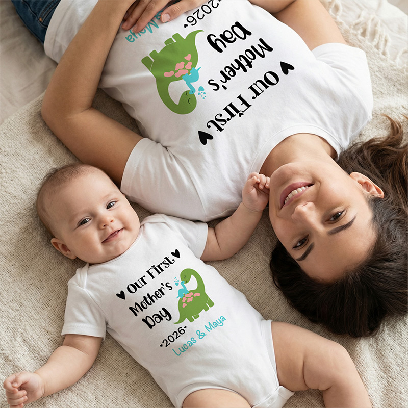 Personalized Cute Bear Bunny Giraffe 100% Cotton T-Shirt and Baby Onesie Our First Mother's Day T-shirt Funny Mummy and Baby Gift Mama and Me tee Baby bodysuit