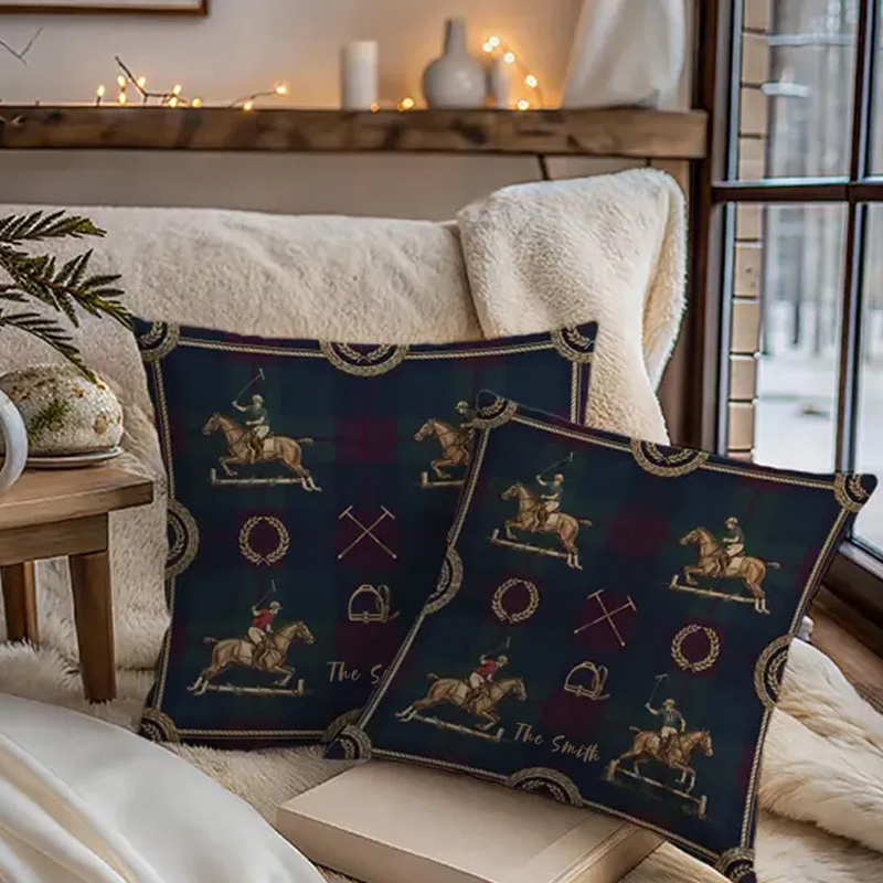 Personalized Equestrian Throw Pillow Polo Horse Pillow Case Tartan Design Pillow Jumping Horse Decor Sport Decor Pillow Covers Polo Gifts for Riding Lovers Equestrian Lovers