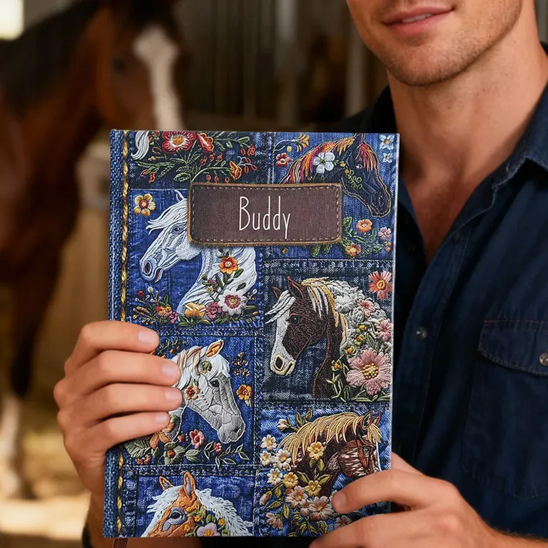 Personalized Faux Embroidered Horse Flower Denim Journal PU Leather Notebook Daily Use Birthday Gift for Horse Lovers Riding Lovers Equestrian Lovers