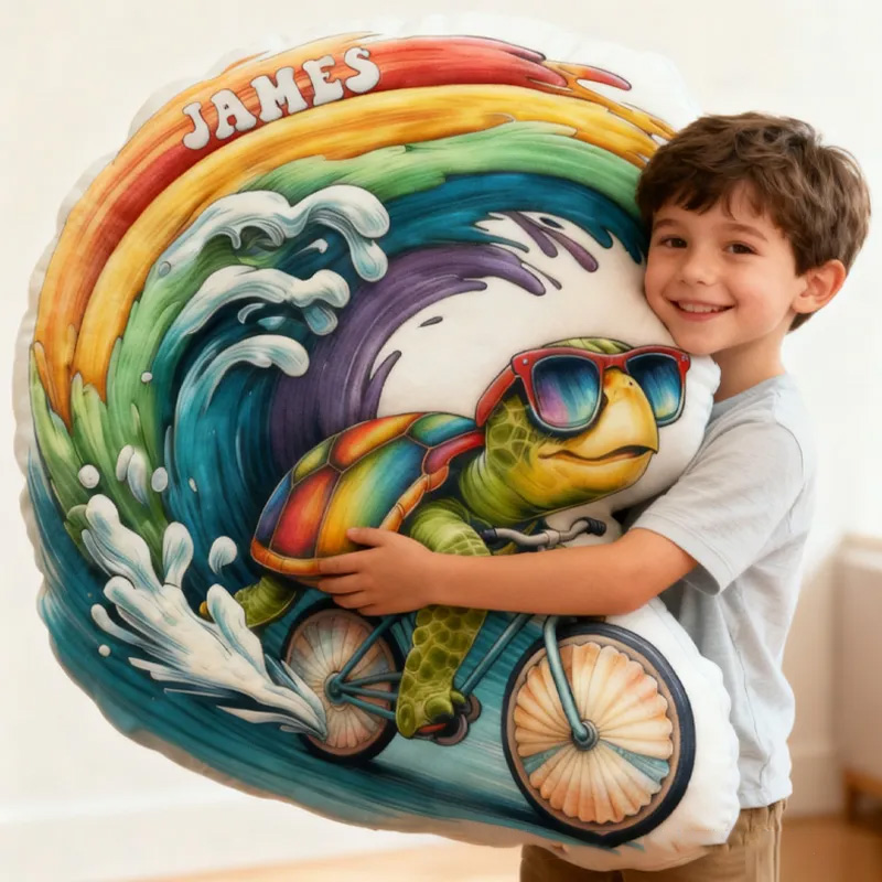 Personalized Sea ​​Turtle Rider Bike Pillow Cozy Graphic 3D Print Cool Racing Biker Rainbow Ocean Pillow Name Pillow Comfortable Travel Cushion for Kids Boys Riding Lovers