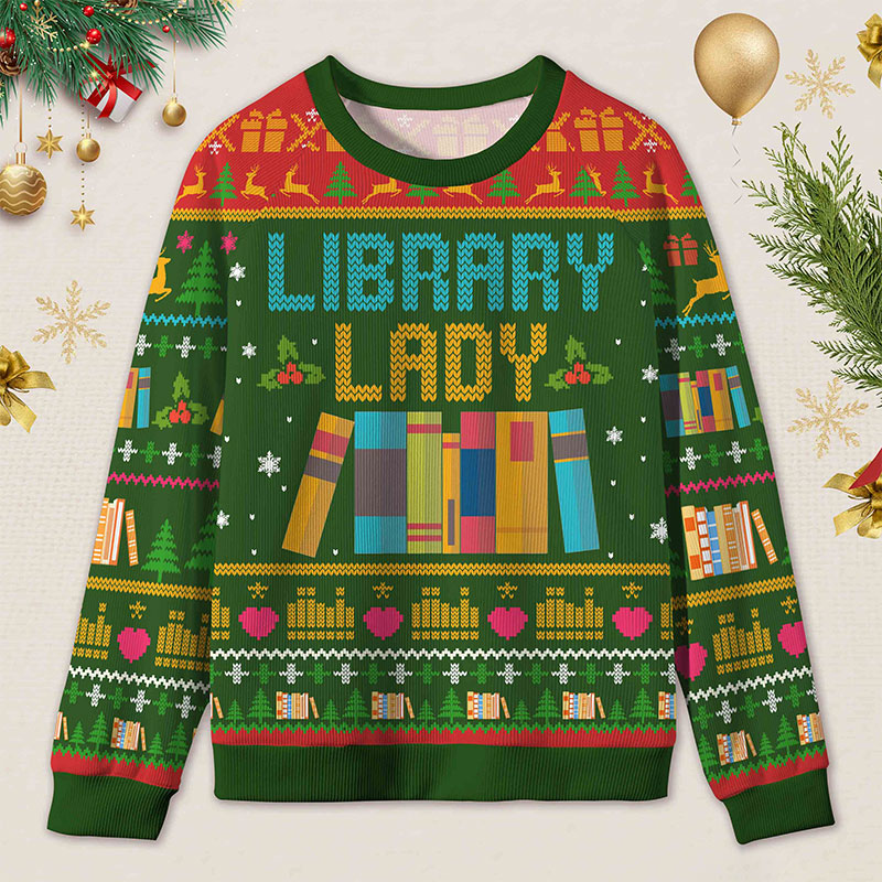 Personalized Library Themed Ugly Sweater Holiday Gift for Librarians