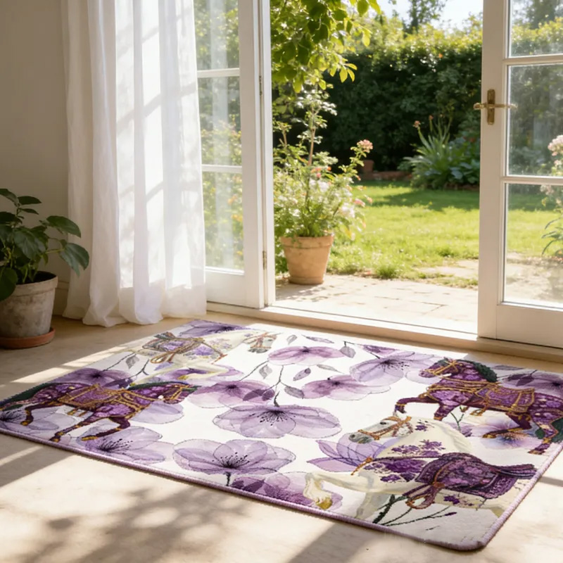 Personalized Rugs Riding Purple Dreaming Floral Doormat Floral Horse Custom Name Festive Flower Decor with French Countryside Gifts Doormat for Family for Riding Lovers Equestrian Lovers