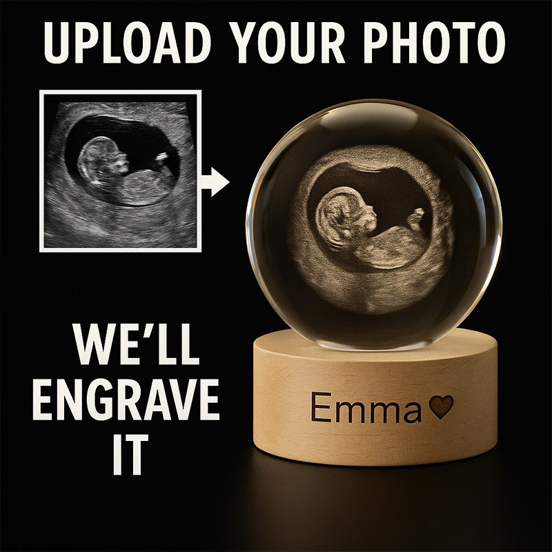 Personalized Crystal Ball Night Light Custom 2D Photo Ultrasound Picture Frames Luminous Wooden Base