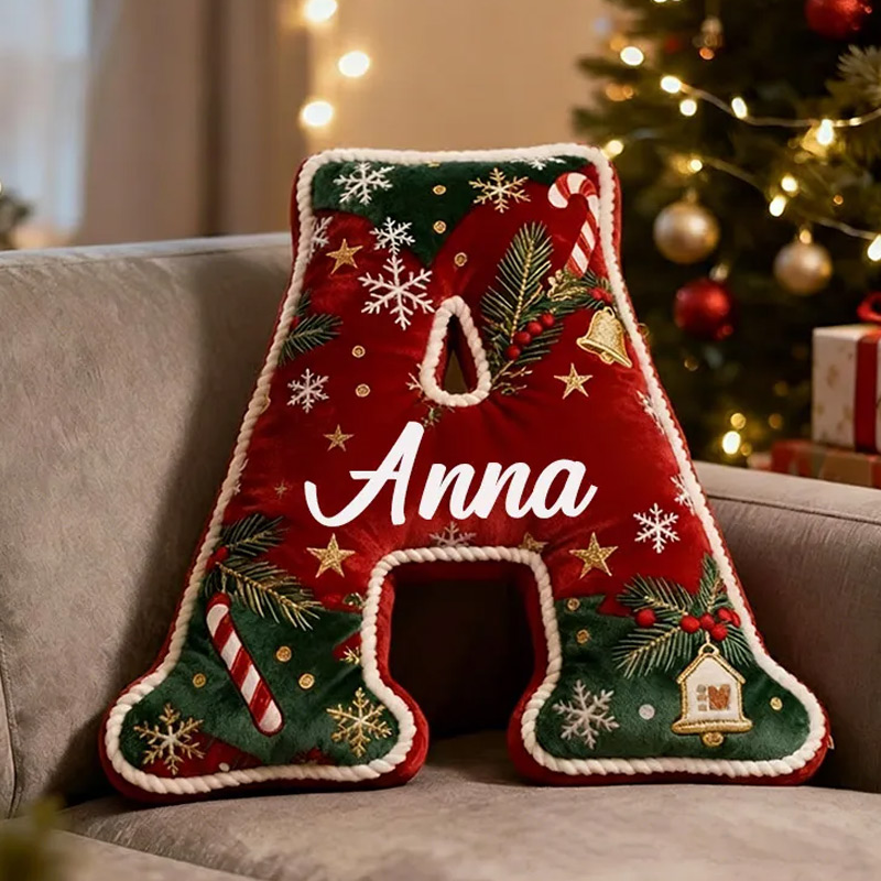 Personalized Christmas Initial Pillow Graphic 3D Print Custom Name Festive Holiday Decor Cozy Home Accent Soft Cushion Gift for Kids Family