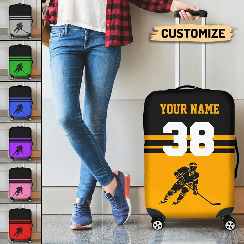 Personalized Hockey Luggage Cover with Custom Name Number and Colors for traveling and Hockey Lovers