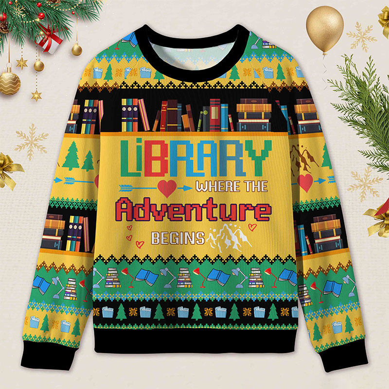Personalized Library Adventure Ugly Sweater Holiday Gift for Librarians